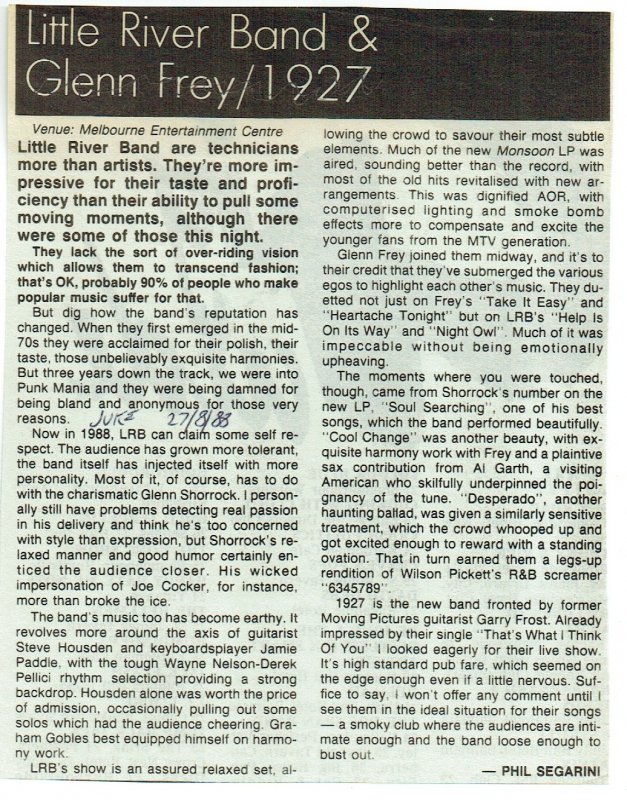LRB, Glenn Frey & 1927 Gig Review
