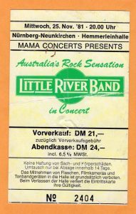 Little River Band - 25/11/81 Nuremberg, Germany Ticket