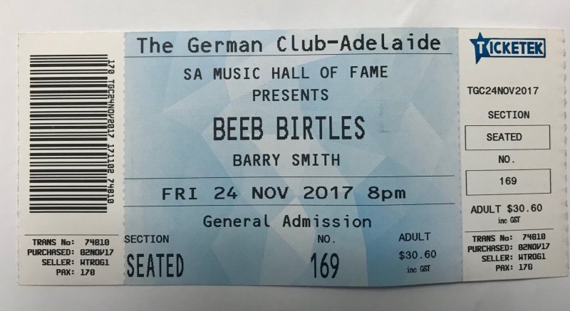 SA Music Hall Of Fame Ticket - Beeb Birtles