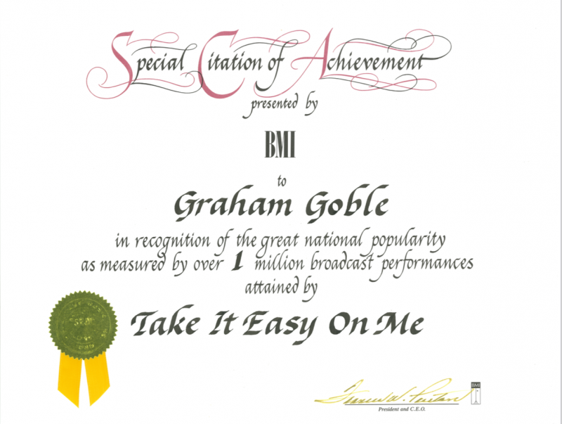 BMI AWARD - Take It Easy On Me (One Million Plays on American Radio)